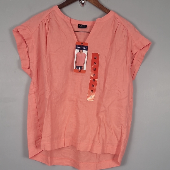 STYLUS Tops - Splendid Linen Blend Orange Mandarin Peach Cuffed Sleeves Top